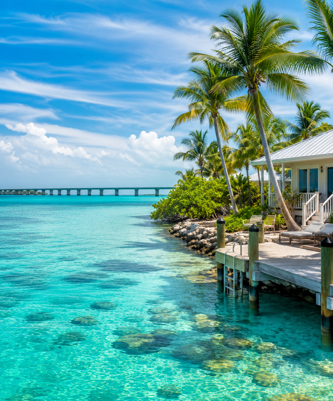 Florida Keys vacation rentals with turquoise water, palm trees, and waterfront scenery
