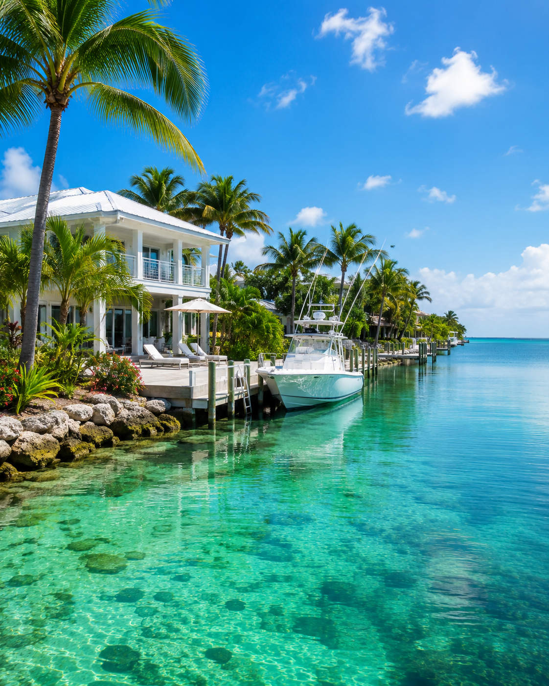 Key Largo vacation rentals with turquoise water, palm trees, a waterfront home, and private dock