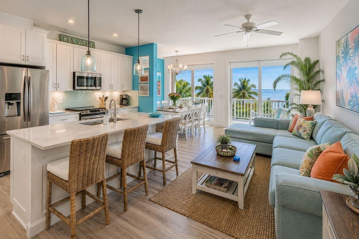 Kitchen and living area inside a furnished Key West monthly rental