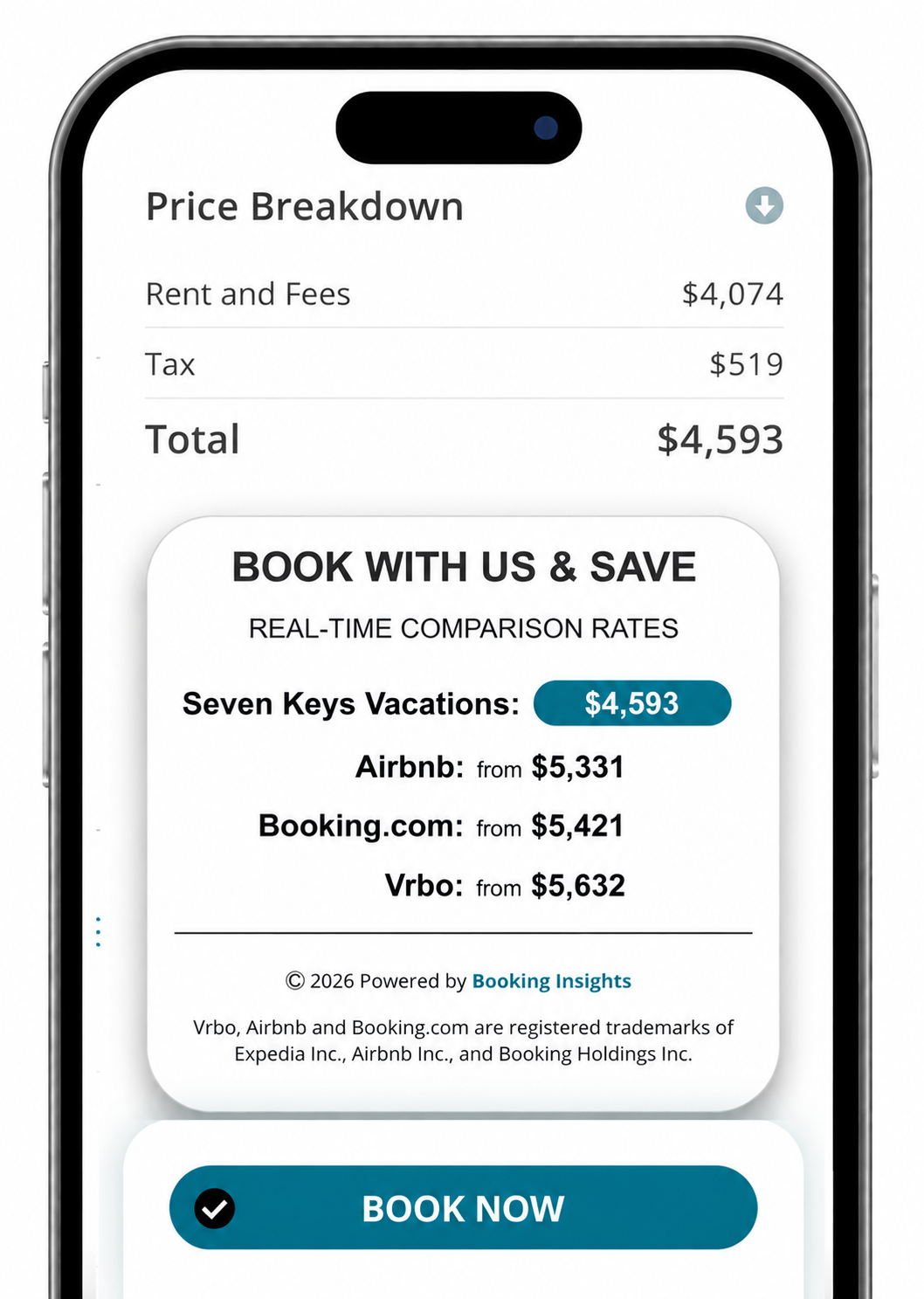 Real-time vacation rental price comparison showing savings when booking directly with Seven Keys Vacations